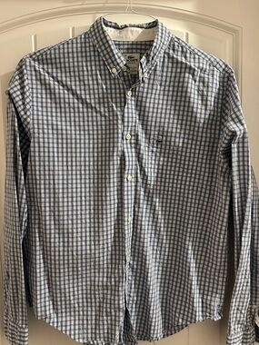 Lacoste Men's Blue and White Checked Button-Down Shirt